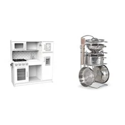 Melissa & Doug Wooden Chef’s Pretend Play Toy Kitchen With “Ice” Cube Dispenser – Kids Kitchen Play Set & Stainless Steel Pots And Pans Pretend Play Kitchen Set For Kids