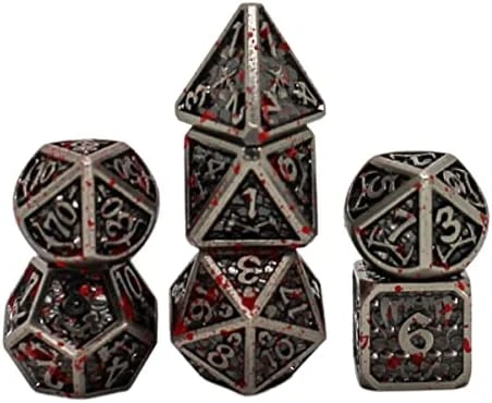 Seven Seas Pirates Metal Blood-Like Paint Splattered Antique Silver Dice Set With Hexagon Wooden Display Box And Magnetic Lid 6 Seven Seas Pirates Metal Blood-Like Paint Splattered Antique Silver Dice Set With Hexagon Wooden Display Box And Magnetic Lid - Image 4