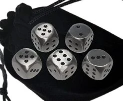 Set Of (5) Solid Zinc Alloy Metal Polished Finish 16mm Dice, Rounded Corners With Black Velvet Cloth Pouch (Antique Tin With Black Dot)