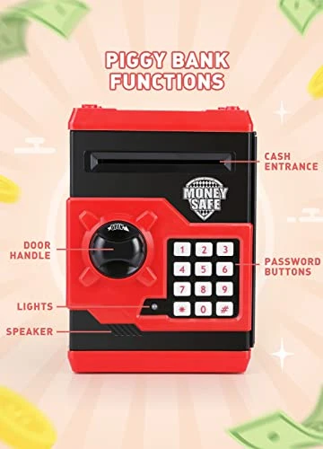 PLAYSHEEK Piggy Bank For Girls Boys Large Electronic Money Coin Banks With Password Protection, Automatic Paper Money Scroll Saving Box, Great Gift For Kids (Black-Red) 6 PLAYSHEEK Piggy Bank For Girls Boys Large Electronic Money Coin Banks With Password Protection, Automatic Paper Money Scroll Saving Box, Great Gift For Kids (Black-Red) - Image 4