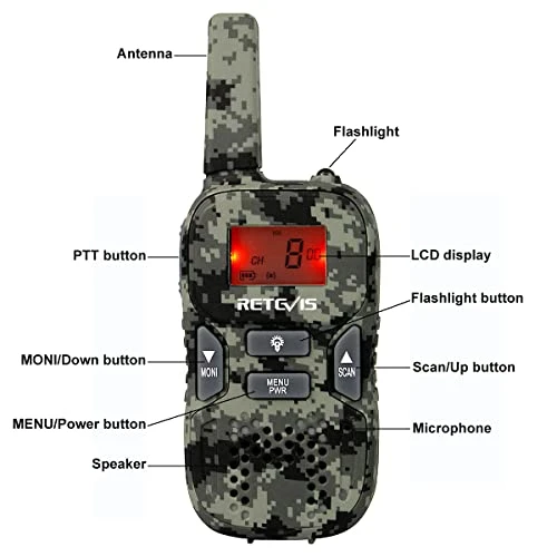 Retevis RT33 Kids Walkie Talkies, Army Toys For Boys And Girls Aged 6-12, Flashlight, 2 Way Radio Gifts, Survival Gear And Equipment For Kids Adventure Game Camping(2 Pack, Camo) 6 Retevis RT33 Kids Walkie Talkies, Army Toys For Boys And Girls Aged 6-12, Flashlight, 2 Way Radio Gifts, Survival Gear And Equipment For Kids Adventure Game Camping(2 Pack, Camo) - Image 4