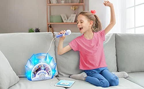 EKids Frozen Sing Along Boom Box Speaker With Microphone For Fans Of Frozen Toys For Girls, Kids Karaoke Machine With Built In Music And Flashing Lights, Blue, 3.5mm Audio Jack 6 EKids Frozen Sing Along Boom Box Speaker With Microphone For Fans Of Frozen Toys For Girls, Kids Karaoke Machine With Built In Music And Flashing Lights, Blue, 3.5mm Audio Jack - Image 4