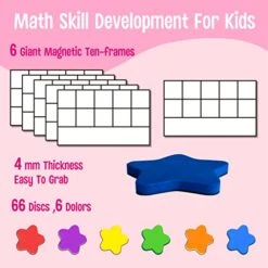 SpriteGru Magnetic Ten-Frame Set, 6 Frames & 66 Colorful Star-Shaped Counters Ten Frame Math Games Manipulative Counting Toys For Kindergarten Preschool, 6 Colors & 2 Markers (Fridge & Hand-held)