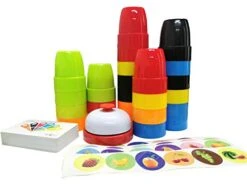 WOBOX Quick Cups Games For Kids,Speed Cup Game Set For Family,54 Cards,24 Cups,24 Stickers,1 Bells,Classi Stacks Cups Set For Kid & Adults
