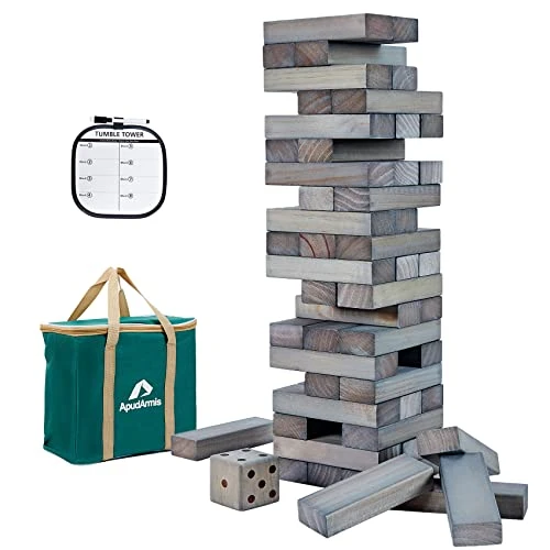 ApudArmis Giant Tumble Tower (Stack From 2Ft To Over 4.2Ft), 54 PCS Pine Wooden Stacking Timber Game With 1 Dice Set - Classic Block Giant Outdoor Game For Teens Adults Family (Gray) 3 ApudArmis Giant Tumble Tower (Stack From 2Ft To Over 4.2Ft), 54 PCS Pine Wooden Stacking Timber Game With 1 Dice Set - Classic Block Giant Outdoor Game For Teens Adults Family (Gray)