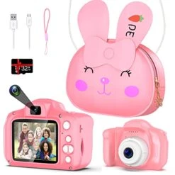 ACHSON’s Selfie Kids Camera, Christmas Birthday Gifts For Girls Age 3-9, HD Digital Video Cameras For Toddler, Portable Toy For 3 4 5 6 7 8 9 Year Old Girl With 32GB SD Card & Bunny Bag -Pink