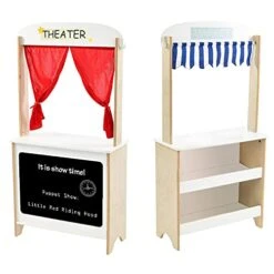 Labebe - Wood Puppet Theater, Flannel Curtain Puppet Stage Theater, 2-Sided Tabletop Puppet Stage Chalkboard, 2-in-1 Puppet Theater Reversible Play Store, Multi-Function Theater For Ages 3 And Up