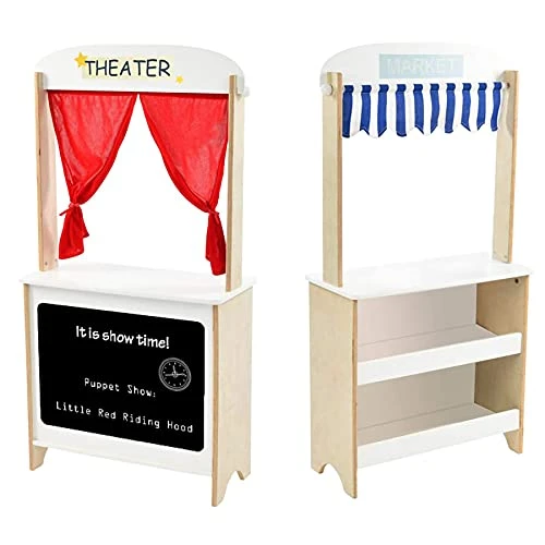 Labebe - Wood Puppet Theater, Flannel Curtain Puppet Stage Theater, 2-Sided Tabletop Puppet Stage Chalkboard, 2-in-1 Puppet Theater Reversible Play Store, Multi-Function Theater For Ages 3 And Up 2 Labebe - Wood Puppet Theater, Flannel Curtain Puppet Stage Theater, 2-Sided Tabletop Puppet Stage Chalkboard, 2-in-1 Puppet Theater Reversible Play Store, Multi-Function Theater For Ages 3 And Up