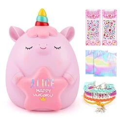 Unicorn Piggy Bank For Girls, Unbreakable Kids Piggy Bank With 2 Alphabet & 2 Rhinestone Stickers & Unicorn Bracelet Set, Coins Money Banks For Kids Toddlers, Unicorn Toy Gifts For Girls Kids, Pink