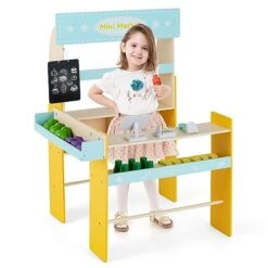 HONEY JOY Kids Grocery Store Playset, Wooden Checkout Grocery Store Pretend Play, Cash Register Stand W/Chalkboard, Toddler Supermarket Vegetable Play Toy For Boys Girls(36 Pcs Play Food Included)