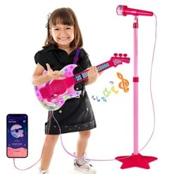 Guitar And Microphone Play Set For Girls,Microphone Toys With Stand,Karaoke Machine With Music&Light,Adjustable Height Guitar Toys For Kids,Toddlers,Child(Red)