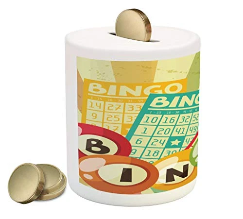 Ambesonne Vintage Piggy Bank, Bingo Game With Ball And Cards Pop Art Lottery Hobby Celebration Theme, Ceramic Coin Bank Money Box For Cash Saving, 3.6" X 3.2", Yellow Green 3 Ambesonne Vintage Piggy Bank, Bingo Game With Ball And Cards Pop Art Lottery Hobby Celebration Theme, Ceramic Coin Bank Money Box For Cash Saving, 3.6" X 3.2", Yellow Green