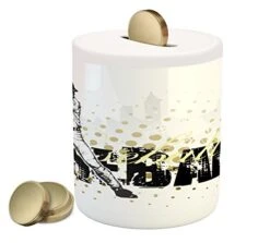 Ambesonne Baseball Piggy Bank, Baseball Background With Dots And Grunge Dark Lettering Batting Team Game, Ceramic Coin Bank Money Box For Cash Saving, 3.6" X 3.2", Black Yellow -Folkmanis Toys Shop 41ZpnBKxyIL