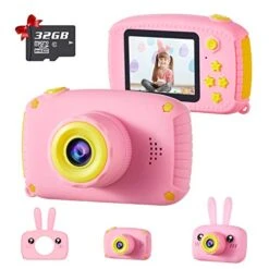 Kids Camera For Girls Best Birthday Gifts For 3 4 5 6 7 8 Year Old Children Toddler Toys, Portable Rechargeable Shockproof Digital Video Camcorder 2.0 Inch IPS Screen With 32GB Card – Pink X500