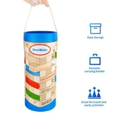 OMNIBLOKS Tumbling Tower Game With 54 Blank Tumbling Blocks, 4 Coloring Markers - Tabletop Wood Block Game Tower Kids Stacking Game - Indoor Party Games - Family Game Night, Kids Games 3+