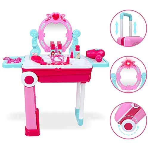 DeAO Little Girls Makeup Table Set Princess Vanity Set For Girls Dressing Girls Play Makeup Set Suitcase 2 In 1 Portable Role Play Set Pink 6 DeAO Little Girls Makeup Table Set Princess Vanity Set For Girls Dressing Girls Play Makeup Set Suitcase 2 In 1 Portable Role Play Set Pink - Image 4
