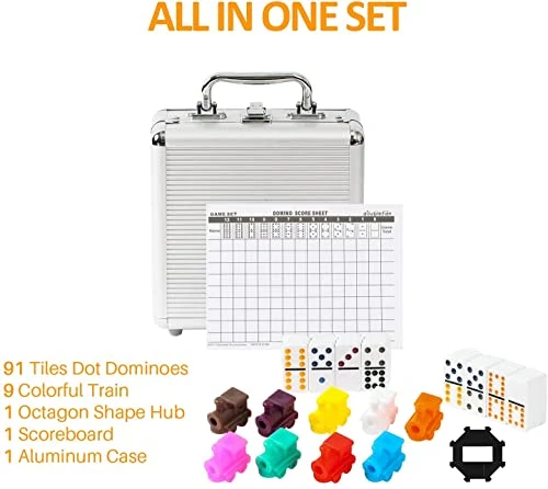 PLAYWUS Double 12 Coloured Dot Dominoes Mexican Train Game Set With Aluminum Case, 91 Tiles 9 Trains, Scoreboard, Octagon Shape Hub 5 PLAYWUS Double 12 Coloured Dot Dominoes Mexican Train Game Set With Aluminum Case, 91 Tiles 9 Trains, Scoreboard, Octagon Shape Hub - Image 3