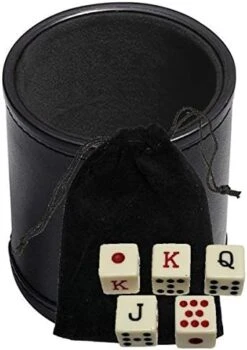 Black PU Leather Dice Cup With 16mm Ivory-Tone Spanish Poker Dice Plus Storage Pouch Set -Folkmanis Toys Shop 41dIU8b1XeL. AC