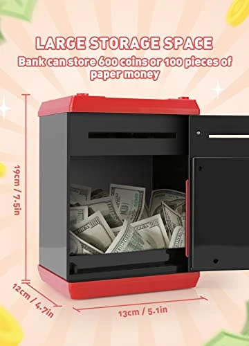 PLAYSHEEK Piggy Bank For Girls Boys Large Electronic Money Coin Banks With Password Protection, Automatic Paper Money Scroll Saving Box, Great Gift For Kids (Black-Red) 8 PLAYSHEEK Piggy Bank For Girls Boys Large Electronic Money Coin Banks With Password Protection, Automatic Paper Money Scroll Saving Box, Great Gift For Kids (Black-Red) - Image 6