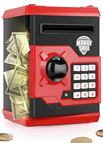 PLAYSHEEK Piggy Bank For Girls Boys Large Electronic Money Coin Banks With Password Protection, Automatic Paper Money Scroll Saving Box, Great Gift For Kids (Black-Red) 3 PLAYSHEEK Piggy Bank For Girls Boys Large Electronic Money Coin Banks With Password Protection, Automatic Paper Money Scroll Saving Box, Great Gift For Kids (Black-Red)
