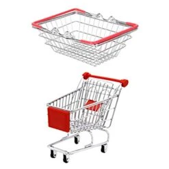 DOITOOL Round Basket Mini Supermarket Handcart Shopping Utility Cart Frying Food Basket Serving Tray Holder For Children Kids Pretend Play Party Favor Metal Basket