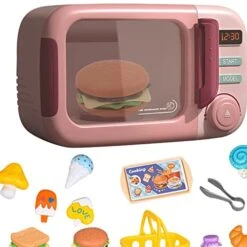 Vaveren Realistic Microwave Oven, Miniature Oven With Food ,Party Accessories Toys ,Pretend Play Kitchen Appliances Set ,for Window Display ,Crafts , Pink