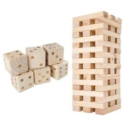 Hey! Play! Set Of 2 Outdoor Games For Adults And Family - Wood Blocks Stacking Game And Large Dice Set – Yard Game Set