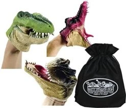 Schylling Dinosaur (T-Rex) Stretchy Hand Puppets Green, Brown & Red Complete Gift Set Bundle With Exclusive Matty's Toy Stop Storage Bag - 3 Pack