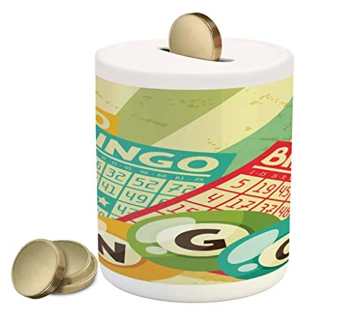 Ambesonne Vintage Piggy Bank, Bingo Game With Ball And Cards Pop Art Lottery Hobby Celebration Theme, Ceramic Coin Bank Money Box For Cash Saving, 3.6" X 3.2", Yellow Green 4 Ambesonne Vintage Piggy Bank, Bingo Game With Ball And Cards Pop Art Lottery Hobby Celebration Theme, Ceramic Coin Bank Money Box For Cash Saving, 3.6" X 3.2", Yellow Green - Image 2