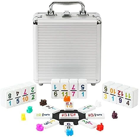 PLAYWUS Double 12 Coloured Dot Dominoes Mexican Train Game Set With Aluminum Case, 91 Tiles 9 Trains, Scoreboard, Octagon Shape Hub 10 PLAYWUS Double 12 Coloured Dot Dominoes Mexican Train Game Set With Aluminum Case, 91 Tiles 9 Trains, Scoreboard, Octagon Shape Hub - Image 8