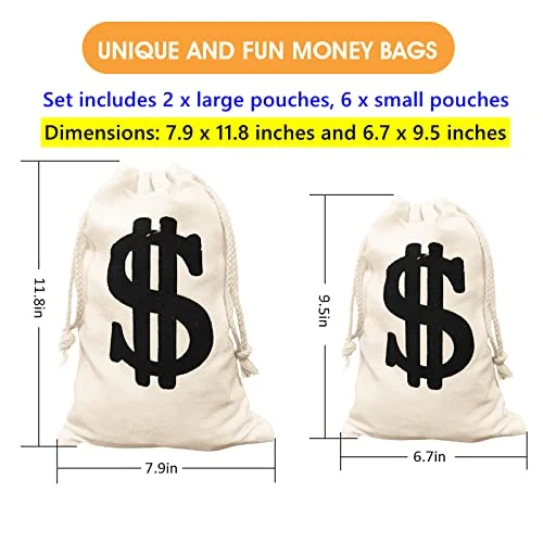 Canvas Money Bag Prop Pack Of 8 – Coin Bags For Bank – Durable And Comfortable – Game For Kids, Ideal For Party Favors, Movie Props, Cosplay, Halloween 4 Canvas Money Bag Prop Pack Of 8 – Coin Bags For Bank – Durable And Comfortable – Game For Kids, Ideal For Party Favors, Movie Props, Cosplay, Halloween - Image 2