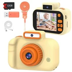 Upgrade Kids Camera, Birthday Gifts For Boys And Girls 3 4 5 6 7 8 9 Year Old, Full HD Video Digital Camera For Kids Toddler Teens, Children Portable Toys Camera With 32GB SD Card -Beige