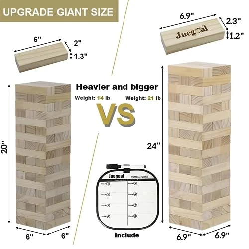 Juegoal 54 Piece Giant Tumble Tower, Wooden Block Game With Gameboard, Canvas Bag For Outdoor Yard Playing,6.9 X 6.9 X 24 Inches 4 Juegoal 54 Piece Giant Tumble Tower, Wooden Block Game With Gameboard, Canvas Bag For Outdoor Yard Playing,6.9 X 6.9 X 24 Inches - Image 2