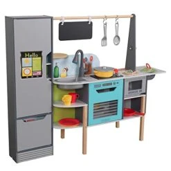 KidKraft Alexa-Enabled 2-in-1 Wooden Kitchen & Market With Lights And Sounds, Interactive Foods And Games Plus 105 Accessories