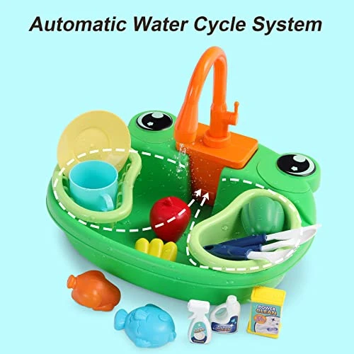 GuDoQi Kitchen Sink Toy For Kids, Frog Model Pretend Play Kids Electric Dishwasher With Running Water, Easy To Installed Automatic Water Cycle System, Washing Vegetables, Birthday Gift For 3-7 Kids 6 GuDoQi Kitchen Sink Toy For Kids, Frog Model Pretend Play Kids Electric Dishwasher With Running Water, Easy To Installed Automatic Water Cycle System, Washing Vegetables, Birthday Gift For 3-7 Kids - Image 4