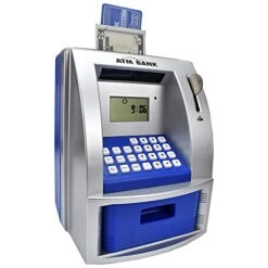 Toy Talking ATM Bank ATM Machine Savings Bank For Kids –Works Like A Real One- Deposit, Withdraw, Debit Card, Saving Target, Timer And Clock - Blue