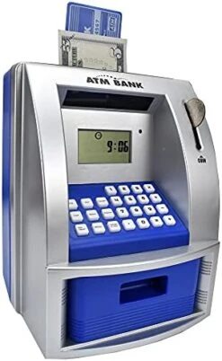 Toy Talking ATM Bank ATM Machine Savings Bank For Kids –Works Like A Real One- Deposit, Withdraw, Debit Card, Saving Target, Timer And Clock - Blue -Folkmanis Toys Shop 41tCgA6EHJL. AC