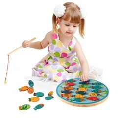 Magnetic Wooden Fishing Game Toy For Toddlers;30 PCS Montessori Sorting Puzzle Toys,Magnetic Learning Alphabet Letters Toys With 2 Pole And 1 Cat Doll