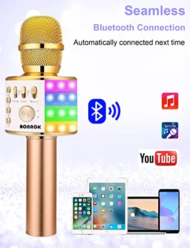 BONAOK Karaoke Microphone For Kids Adults Wireless Mic With Bluetooth Speaker Rechargeable Portable Handheld Echo Microphones With Disco Light For Party Home Outdoor Speaking Singing,Q37L (Gold) 4 BONAOK Karaoke Microphone For Kids Adults Wireless Mic With Bluetooth Speaker Rechargeable Portable Handheld Echo Microphones With Disco Light For Party Home Outdoor Speaking Singing,Q37L (Gold) - Image 2