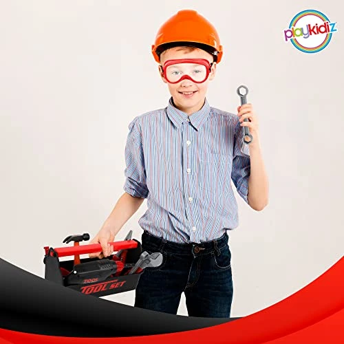 Playkidz Tool Box For Kids 22-Piece Boys & Girls Construction Toy Playset W/Carry Chest, Working Push Button Power Drill, Hammer, Screwdriver, Wrench, Pliers, Saw & Other Realistic Tools Ages 3+ 7 Playkidz Tool Box For Kids 22-Piece Boys & Girls Construction Toy Playset W/Carry Chest, Working Push Button Power Drill, Hammer, Screwdriver, Wrench, Pliers, Saw & Other Realistic Tools Ages 3+ - Image 5