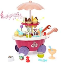 36PCS Ice Cream Toys Candy Cart Kids Play House Toys With Candy Ice Cream Lollipop Chocolate Large Storage Music Rrotatable Pretend Play Early Educational Toy Gift For Toddler Boys Girls 3+ Years Old