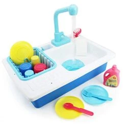 Boley Kids Play Kitchen Sink With Running Water - 20 Piece Dishwashing Toy With Sink, Real Faucet, Dish Rack, Plastic Dishes, Sponge And Brush, And Pretend Dish Soap