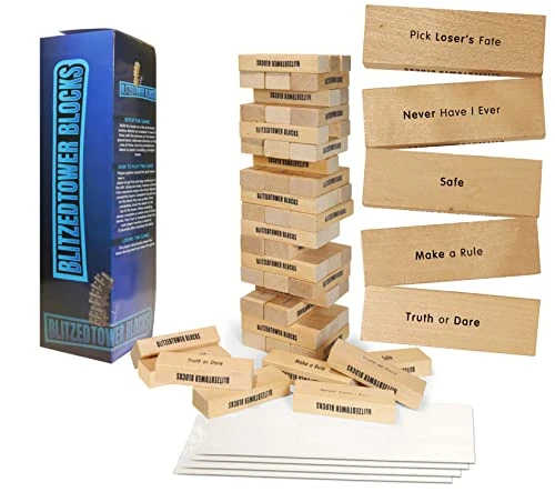 Blitzed Tower Blocks Stacking Party Game | 54 Blocks With Fun Tasks And Entertaining Commands | 4 Colored Glass Cups | Sticker Packet For Customization | Ultimate Game Night Fun 3 Blitzed Tower Blocks Stacking Party Game | 54 Blocks With Fun Tasks And Entertaining Commands | 4 Colored Glass Cups | Sticker Packet For Customization | Ultimate Game Night Fun