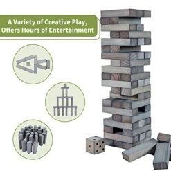 ApudArmis Giant Tumble Tower (Stack From 2Ft To Over 4.2Ft), 54 PCS Pine Wooden Stacking Timber Game With 1 Dice Set - Classic Block Giant Outdoor Game For Teens Adults Family (Gray) 14 ApudArmis Giant Tumble Tower (Stack From 2Ft To Over 4.2Ft), 54 PCS Pine Wooden Stacking Timber Game With 1 Dice Set - Classic Block Giant Outdoor Game For Teens Adults Family (Gray) -Folkmanis Toys Shop 510YvhVZBjL