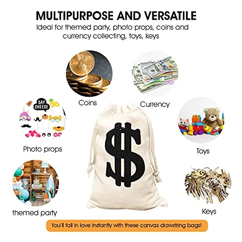 Canvas Money Bag Prop Pack Of 8 – Coin Bags For Bank – Durable And Comfortable – Game For Kids, Ideal For Party Favors, Movie Props, Cosplay, Halloween 5 Canvas Money Bag Prop Pack Of 8 – Coin Bags For Bank – Durable And Comfortable – Game For Kids, Ideal For Party Favors, Movie Props, Cosplay, Halloween - Image 3