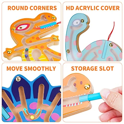 NiToy 3-Pack Wooden Magnetic Maze Toys For Kids 3+, Dinosaur Interactive Puzzle Game Boards Montessori Labyrinth STEM Activity Child Fine Motor Skill Development Preschool Birthday Gifts (3 Dinosaurs) 4 NiToy 3-Pack Wooden Magnetic Maze Toys For Kids 3+, Dinosaur Interactive Puzzle Game Boards Montessori Labyrinth STEM Activity Child Fine Motor Skill Development Preschool Birthday Gifts (3 Dinosaurs) - Image 2