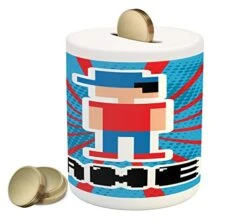Ambesonne Video Games Piggy Bank, Blue And Red Striped Boom Beams Retro 90's Toys Boy With Cap, Printed Ceramic Coin Bank Money Box For Cash Saving, Vermilion Blue White Black -Folkmanis Toys Shop 511zSUm1zeL