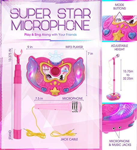 Mozlly Super Star Playset Karaoke For Kids - Pink Microphone With Adjustable Mic Stand, Buit-in Jack & Speaker For MP3 Player, Play And Sing Along With Music & Lights, Karaoke Entertainment For Kids 4 Mozlly Super Star Playset Karaoke For Kids - Pink Microphone With Adjustable Mic Stand, Buit-in Jack & Speaker For MP3 Player, Play And Sing Along With Music & Lights, Karaoke Entertainment For Kids - Image 2