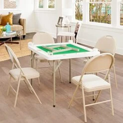 GYMAX Mahjong Table, Folding Square 4 Player Card Table With Cup Holders & Chip Trays, Portable Board Game Domino Table For Mahjong, Poker Blackjack
