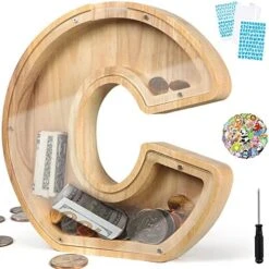 Piggy Bank For Kids Boys Girls,Wooden Letter Piggy Bank With 26 Enlish Alphabet,50 Animal Stickers,1 Number Sticker, A Small Screwdriver,Saving Box DIY Money Saving Bank(A) -Folkmanis Toys Shop 513bYLBJEpL. AC